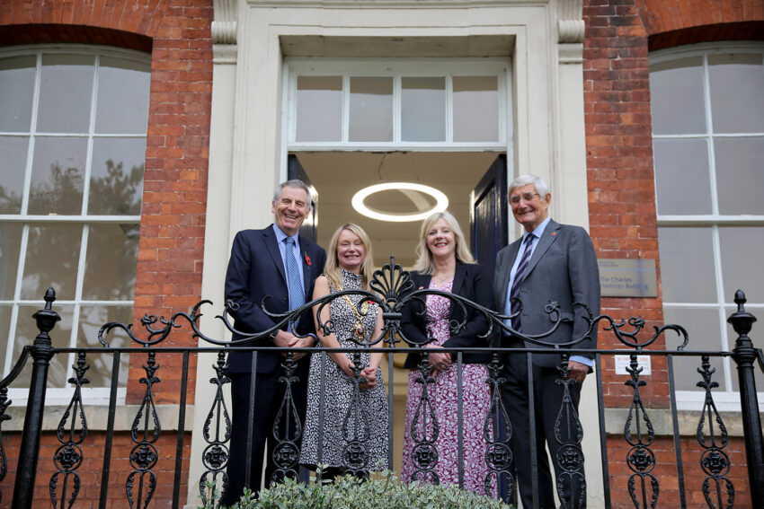 Stood on the steps of the  University of Worcester's Charles Hastings Buildings are Picture caption: During the visit to the University of Worcester are (l-r): David Green, Mel Allcott, Sally Moyle; Mayor Consort Stuart Wild